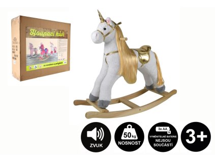 Kůň houpací jednorožec plyš na baterie se zvukem a pohybem nosnost 50kg v krabici 70x21x61cm