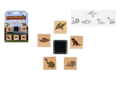 Razítka dřevěná  5+1 s poduškou dinosauři 3x3cm na kartě