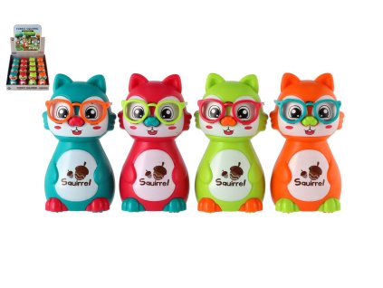 Veverka Zmáčkni a jeď plast 10cm na setrvačník  4 barvy 16ks v boxu