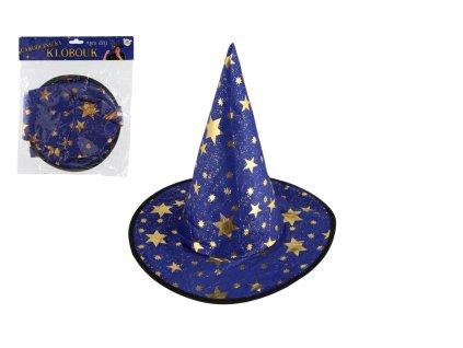 Klobouk čarodějnický pro děti průměr 38cm modro-zlatý v sáčku karneval