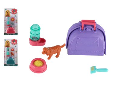 Mazlíček/pes s přenosným boxem plast 5cm s doplňky 2 druhy na kartě 12,5x25x5cm
