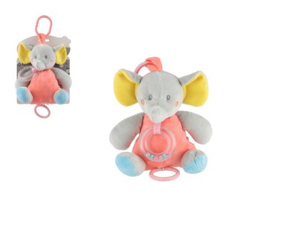 Slon natahovací hrací strojek chrastítko plyš 16x18cm barevný na kartě v sáčku 0+