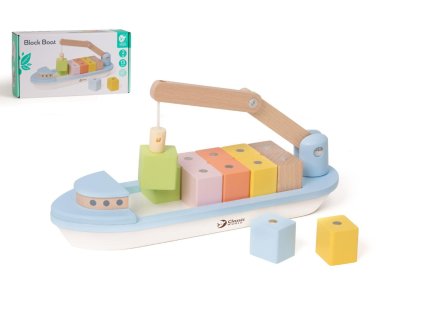 Loď kontejnerová s jeřábem 13ks dřevo 28cm s doplňky v krabici 30x16x8cm 24m+