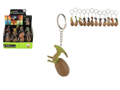 Přívěsek na klíče/Klíčenka dinosaurus ve vajíčku kov/plast 6cm mix druhů 12ks v boxu