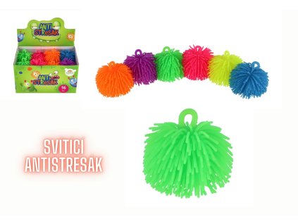 Míček chlupatý antistresový mačkací silikon 7cm na baterie se světlem 6 barev v sáčku 16ks v boxu