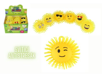 Míček chlupatý smajlík antistres. mačkací silikon 8cm na bat. se světlem mix druhů v sáčku 12ks box