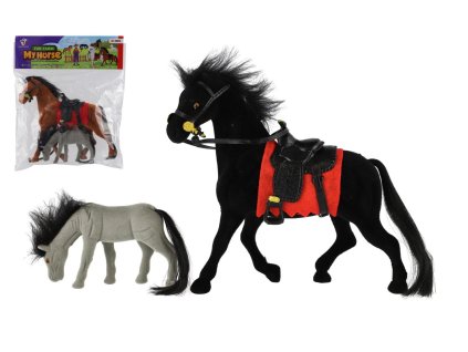 Kůň fliška 23cm se sedlem s hříbětem 3 barvy v sáčku