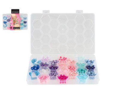 Korálky plastové barevné se šňůrkou v plastové krabičce 20x16,5cm