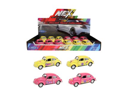 Auto Welly Volkswagen Beetle kov/plast 12cm 4 barvy na zpětné natažení 12ks v boxu