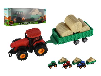 Traktor s vlekem s balíkama plast 30cm na setrvačník 3 barvy v krabici 33x12x9cm