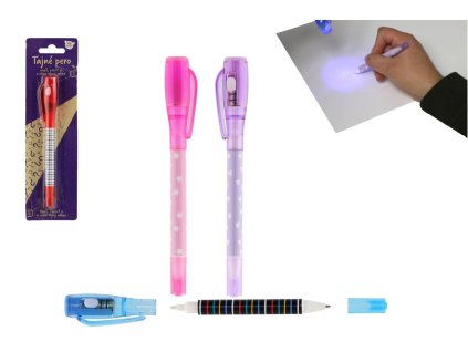 Tajné pero s neviditelným inkoustem a ÚV světlem + propiska plast 15cm na baterie 4 barvy na kartě