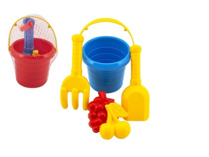Sada na písek 5ks plast kbelík, lopatka, hrabičky, bábovka 2ks 3 barvy v síťce11x18x11cm 12m+