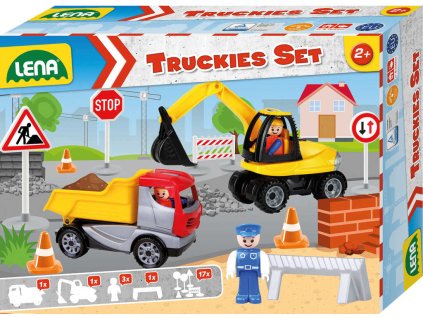 LENA Baby Truckies Stavba set 2 autíčka s figurkami a dopravním značením