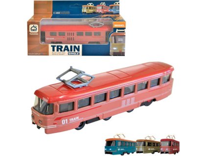 Tramvaj kovová 19cm zpětný chod na baterie 3 barvy v krabici Zvuk
