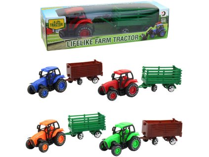 Traktor zemědělský 9cm set s vlečkou 4 druhy v krabici plast