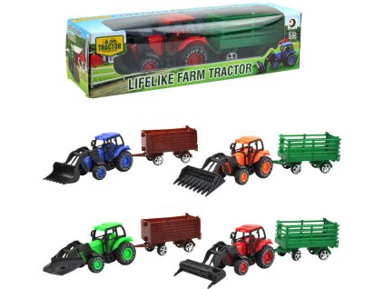 Traktor zemědělský 9cm set s vlečkou a nástrojem 4 druhy v krabici plast