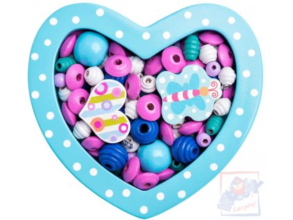 WOODY DŘEVO Korálky navlékací v srdíčku tyrkysové *DŘEVĚNÉ HRAČKY*