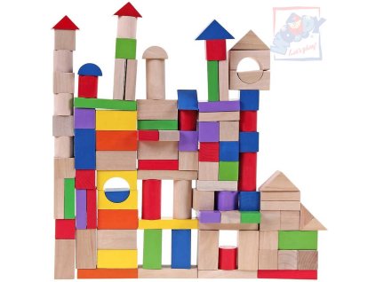 WOODY DŘEVO Baby kostky přírodní a barevné set 100ks prostrkávací víko