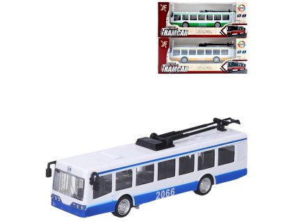 Trolejbus kovový s efekty 16cm na baterie zpětný chod Světlo Zvuk