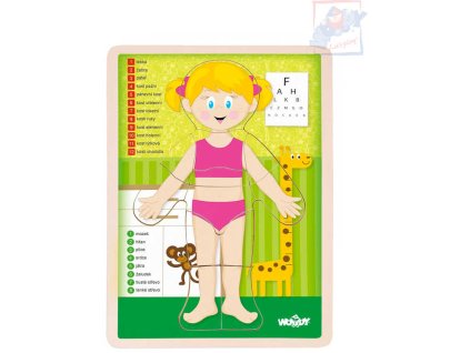WOODY DŘEVO Puzzle holka naučná skládačka set 13 dílků s podložkou