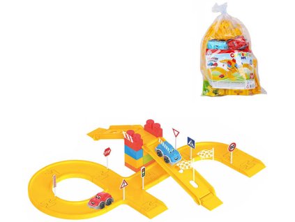 Stavebnice herní set dráha s dopravními značkami + 2x autíčko s očima 44 dílků