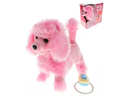 PLYŠ Pejsek růžový 23cm štěká chodí ovládání na kabel na baterie Zvuk