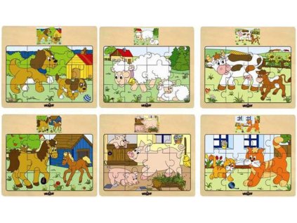 WOODY DŘEVO Puzzle na desce Zvířátka domácí s mláďátky 6 druhů