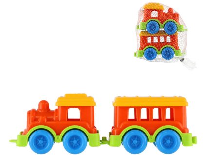 Vláček barevný mini sada mašinka + vagónek 10cm plast v síťce
