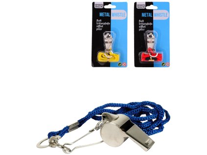 Píšťalka kovová sportovní se sňůrkou na krk a karabinkou různé barvy
