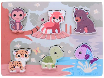 JOUECO DŘEVO Puzzle vkládací zvířátka 6 dílků na desce pro miminko