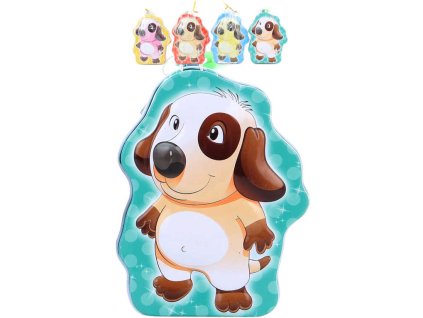 Pokladnička pejsek 11cm dětská plechová kasička na zámek 4 barvy