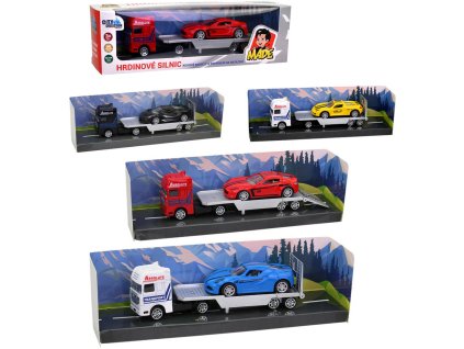 Auto odtahovka kovová 18cm set tahač s přívěsem a automobilem 4 druhy