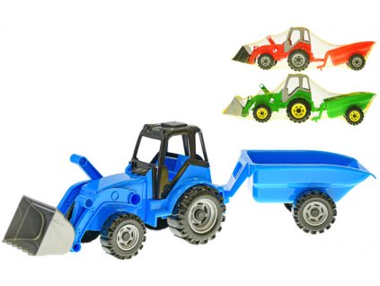 Traktor nakladač barevný set s vlečkou volný chod 3 barvy v síťce