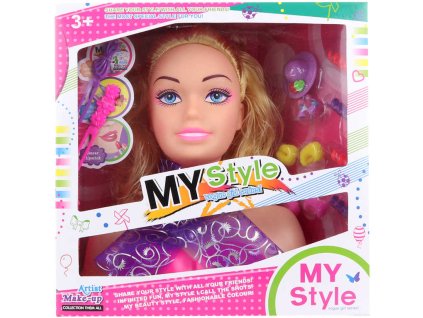 Hlava česací blondýnka set s kadeřnickými doplňky v krabici