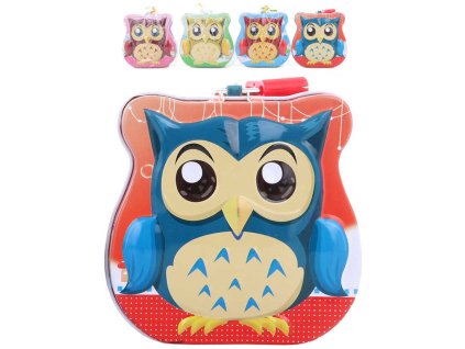 Pokladnička sovička 9cm dětská plechová kasička na zámek 4 barvy