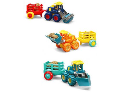 Vozidlo stavební autíčko na setrvačník set s přívěsem 3 druhy plast