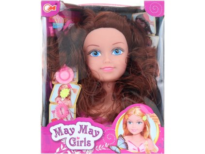 Česací hlava brunetka set s nůžkami a kadeřnickými doplňky plast