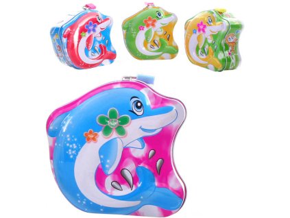 Pokladnička delfín set se 2 klíčky plechová kasička kov 4 barvy