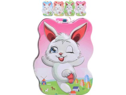 Pokladnička zajíček 11cm dětská plechová kasička na zámek 4 barvy