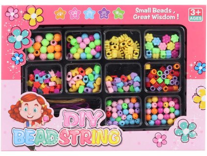 Korálky barevné plastové navlékací set s provázky v krabici