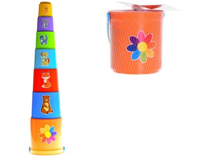 Pyramida baby skládací věžička set stohovací kalíšky 6ks v kyblíčku plast