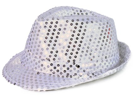 KARNEVAL Klobouk disco stříbrný s flitry na baterie barevné LED Světlo