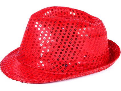 KARNEVAL Klobouk disco červený s flitry na baterie barevné LED Světlo