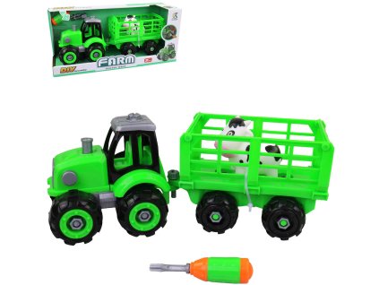 Traktor šroubovací s vlečkou montážní set s nástrojem a zvířátkem na baterie
