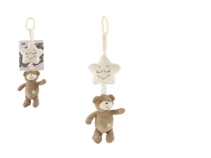 Medvěd s hvězdou plyš závěs na postýlku/kočárek natahovací hrací strojek 36cm na kartě v sáčku 0+