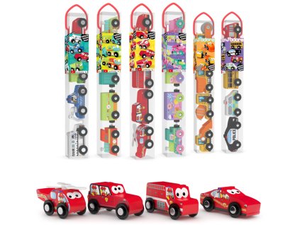 DŘEVO Baby autíčka set 4ks v tubě 6 druhů *DŘEVĚNÉ HRAČKY*