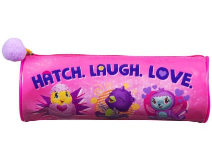 Oválný školní penál na zip Hatchimals 21x8cm růžový s bambulkou