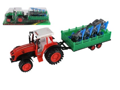 Traktor s vlekem s pluhem plast 53cm na setrvačník 2 barvy v blistru