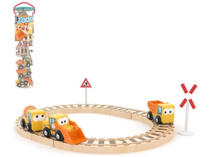 DŘEVO Autíčka pracovní stroje 3ks set s kolejemi *DŘEVĚNÉ HRAČKY*