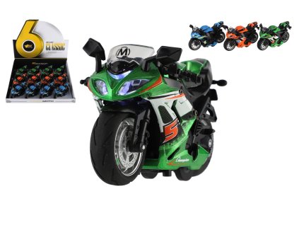 Motorka závodní kov/plast na zpětné natažení 12cm na baterie se světlem, zvukem 3 barvy 12ks v boxu